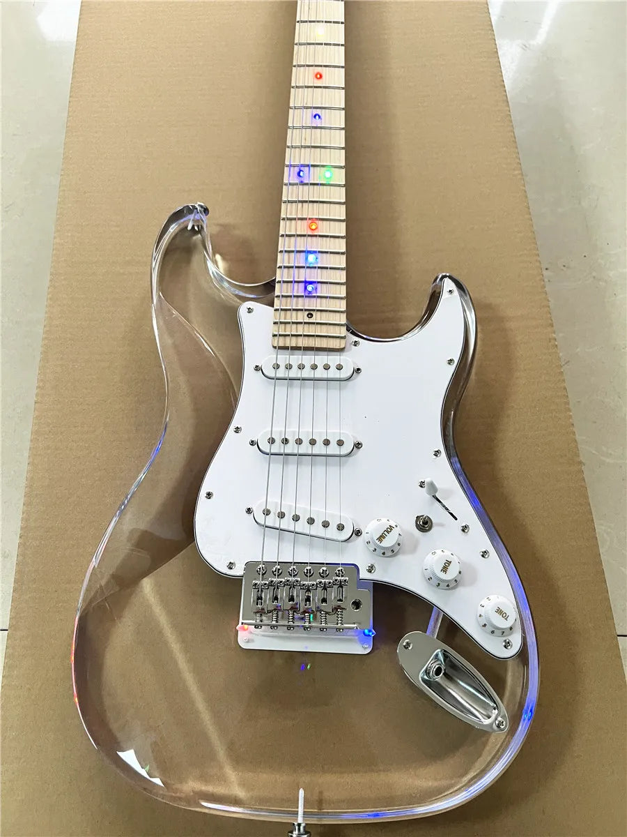 High quality classic acrylic clear Plexiglas crystal 6-string electric guitar with colored lights maple neck Free shipping