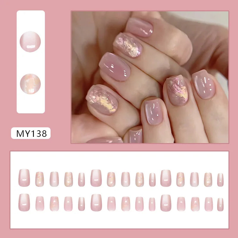 Bean Paste Cat Eyes Press on Nails Pink Gradient Fake Nails Glossy Artificial Finger Manicure Reusable False Nails for Women