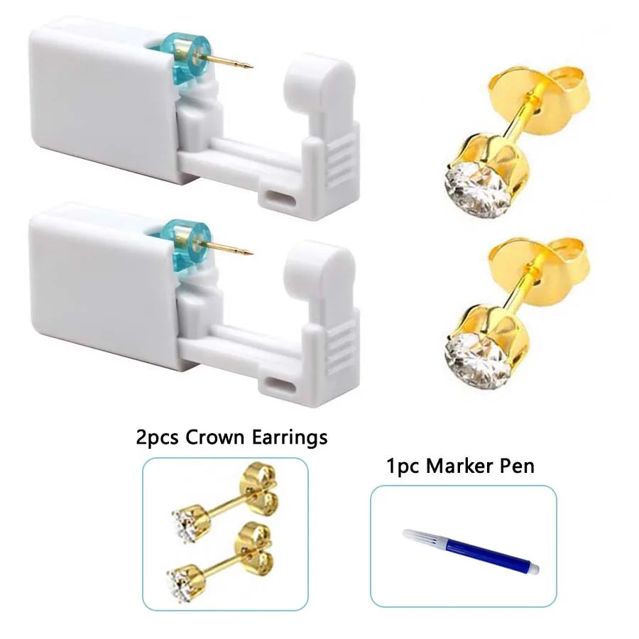 2PCS Disposable Ear Piercing Gun with Built-in Ear Studs & 2pcs Cubic Zirconia Earrings-For Home Use Ear Piercing Kit