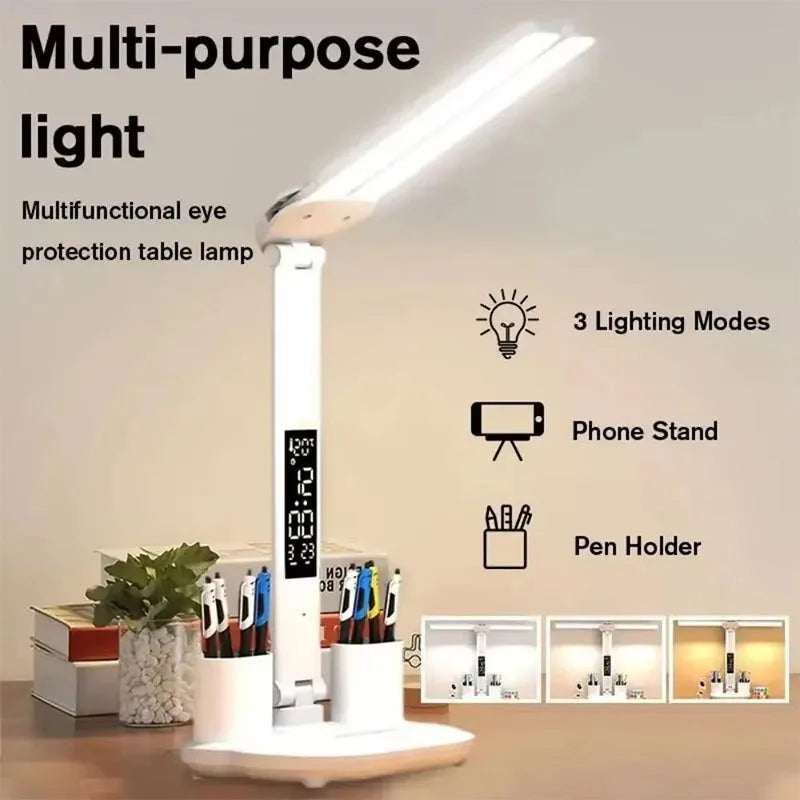 Multifunctional Eye Protection Rechargeable LED Clock Dimmable Desk Lamp 180° Rotating Foldable Desktop Reading Night Light USB