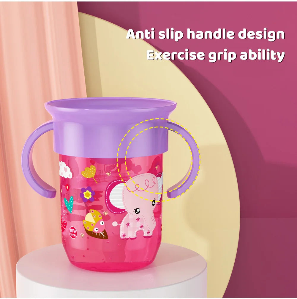 360 Rotated Cartoon Baby Learning Drinking Cup with Double Handle Flip Lid Leakproof Infants Water Cups Bottle BPA Free