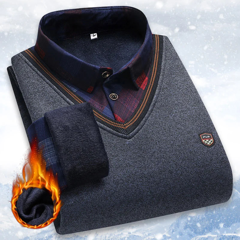 Vintage Plaid Sweater Pullover Men Thick Warm Knitwear Winter Autumn Clothing Patchwork Men's Fleeced Polo Collar Pullovers