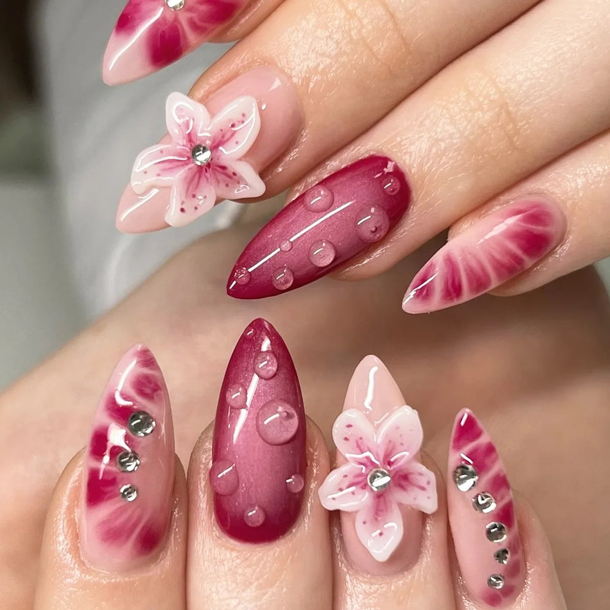 24PCS 3D Sweet Pink Flower Almond Press on False Nails with Yellow French Diamonds Fake Nails Artificial Wearable Tips with Glue