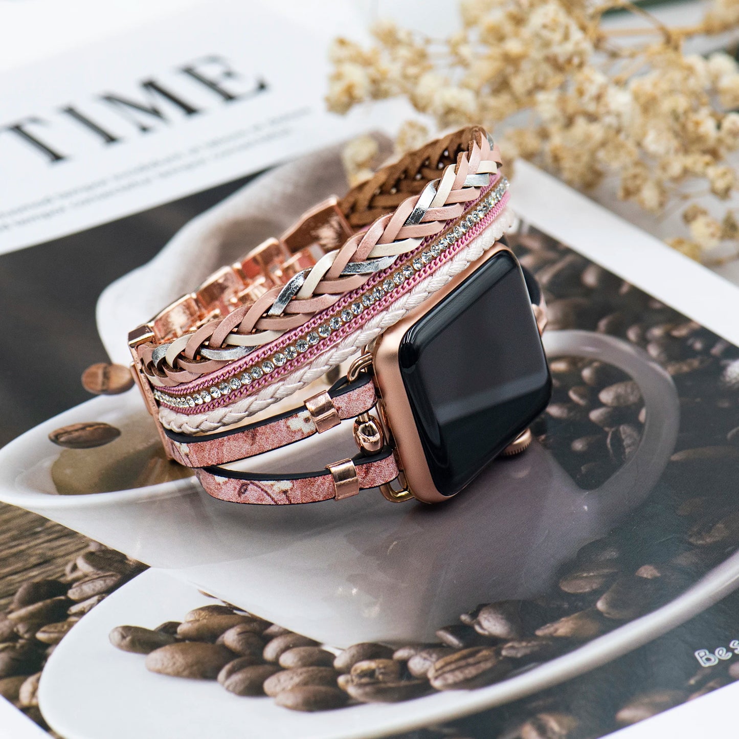 Boho Leather strap for apple Watch strap, men and women 38mm/40mm/41mm 42mm/44mm/45mm/49mm, stylish hand-printed leather strap