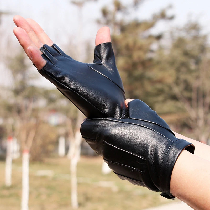 Men Women Gloves PU Leather Fingerless Fitness Sports Button Street Dance Perform Fishing Tactics Four Seasons Cycling Gloves
