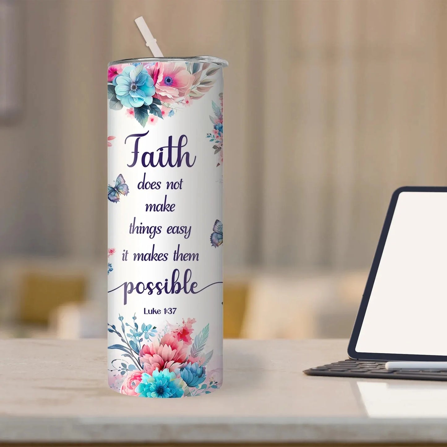 1pc Faith Does Not Make Things Easy It Makes Them Possible Tumbler With Straw 20oz Stainless Steel Christian Water Bottle