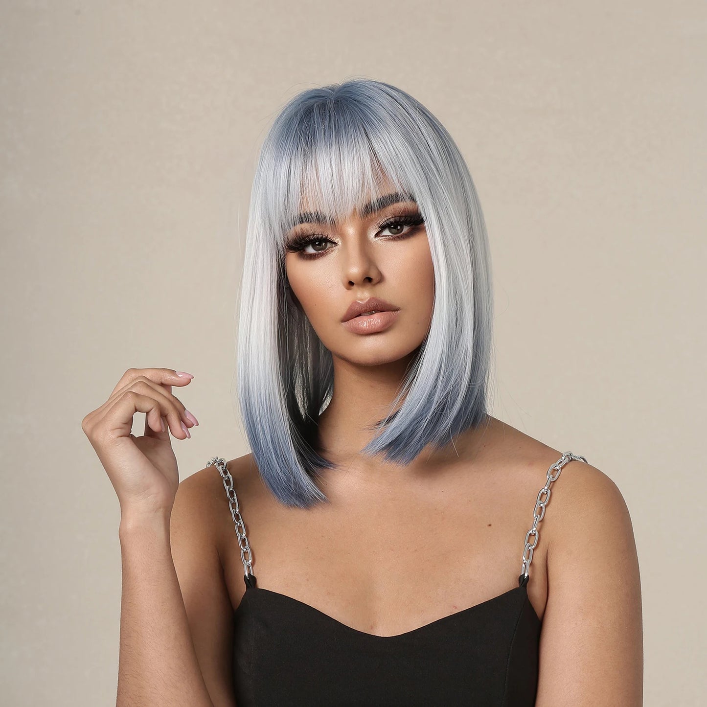 Short BOB Wigs with Bangs Ombre Blue Gray Wigs Straight Synthetic Wigs for Women Cosplay Party Daily