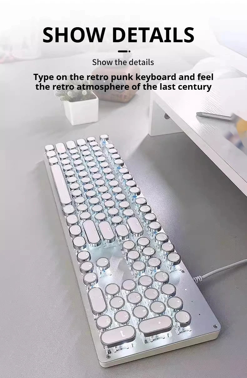 EWEADN TK100 Punk Typewriter Mechanical Gaming Keyboard, 104Keys with LED Backlit USB Wired Keyboards, for Windows Laptop PC