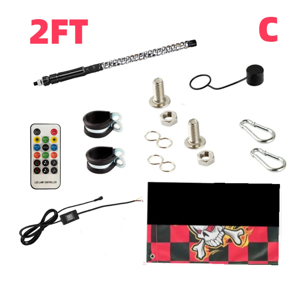 2FT LED Whip Lights Lighted Antenna Whips For ATV UTV Polaris RZR Off Road Truck Sand Buggy Dune Flagpole Lamp