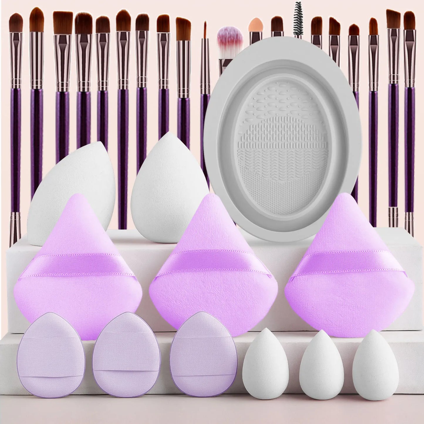 32pcs Makeup Beauty Tool Set &1pc Oval Washing Bowl & 5pcs  Beauty Egg & 3pcs Scalloped Powder Puff 3pcs Thumb Air Cushion