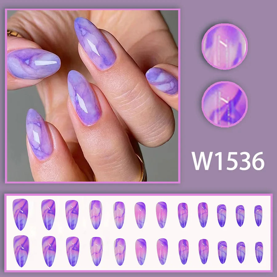 Mandarin Duck 24 Pcs Press on Nails Pink Gradient Fake Nails Glossy Artificial Finger Manicure Reusable False Nails
