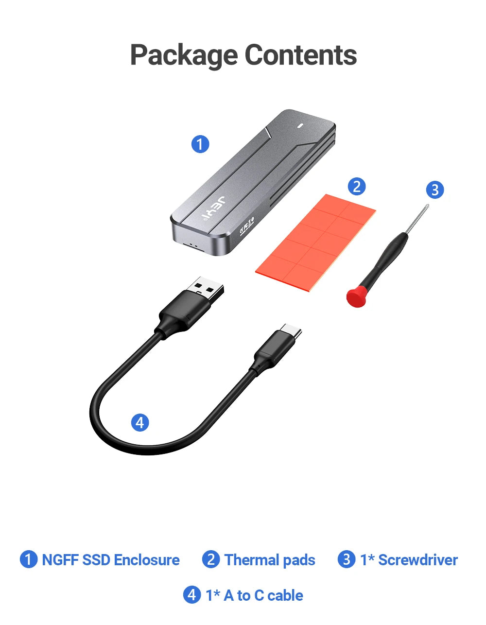 JEYI M.2 NVMe NGFF SSD Enclosure, Full Aluminum USB 3.2 Gen 2 10Gbps PCIe Or SATA 6Gbps M-Key B- Key M.2 Case Support Trim UASP