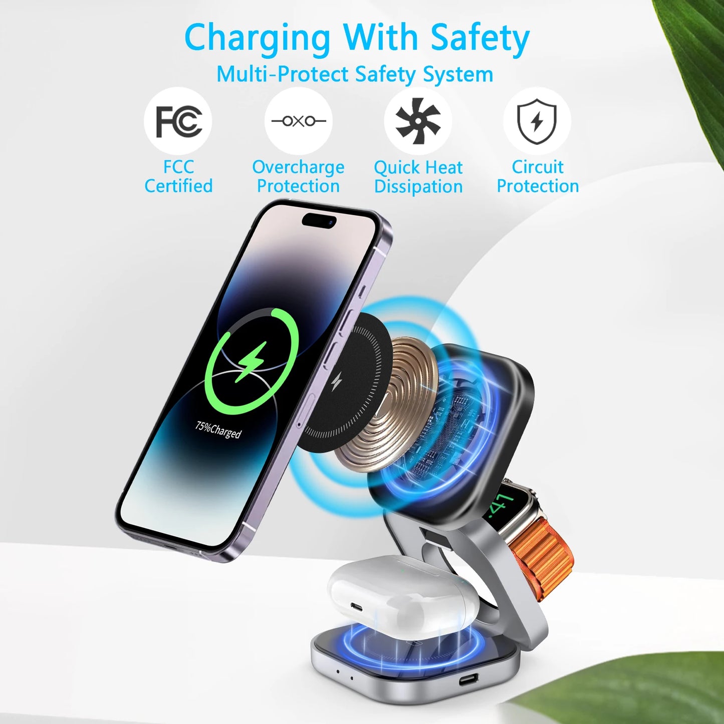 3 In 1 Foldable Magnetic Wireless Charger Stand For iPhone 15 14 13 12 Pro/Max/Plus AirPods 3/2 Station Dock Fast Charger Holder