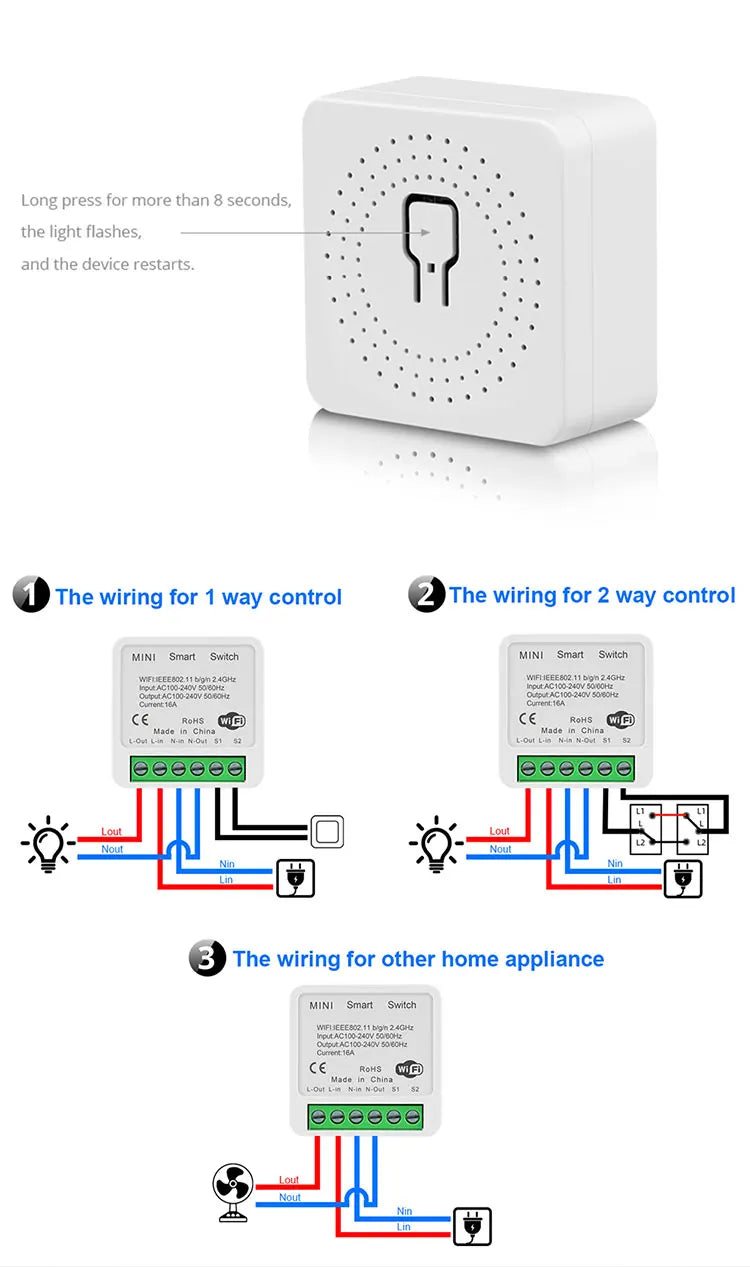 16A WiFi Smart Switch Home Mini AC100-240V DIY Switch APP Timer/Voice Control Module Relay Auto Breaker Works With Alexa Google