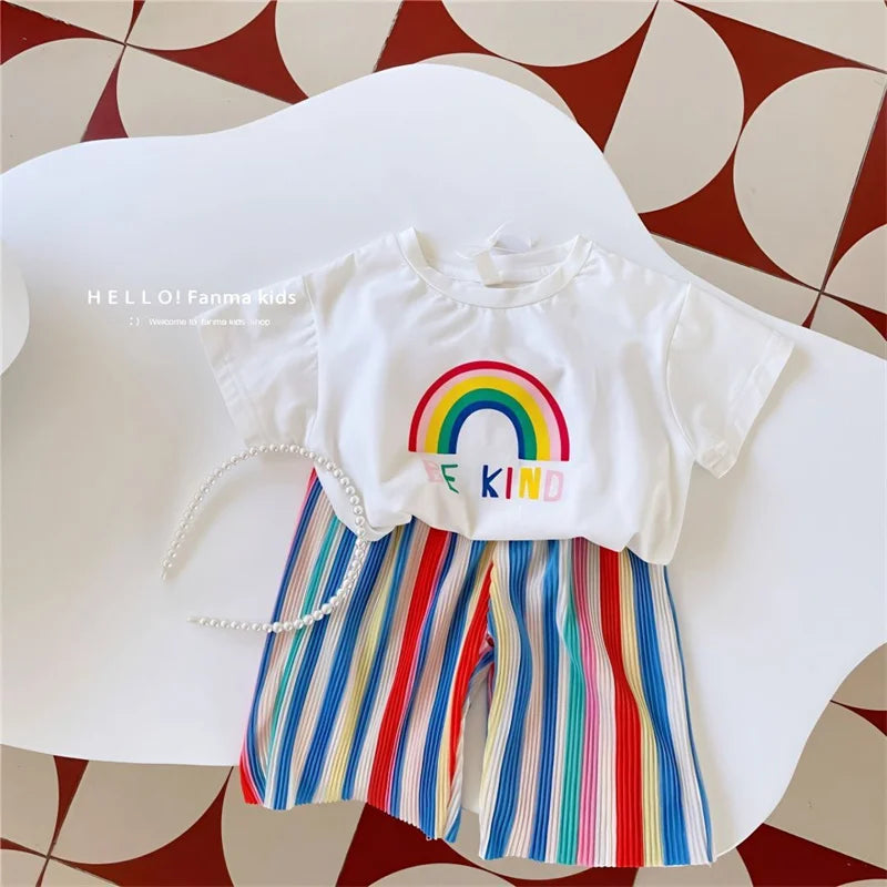 Baby Girls Tops Sets Kids Short-Sleeved Top Striped Trousers 2 Pieces Summer Rainbow Suit New Children's Fashion Casual Outfit