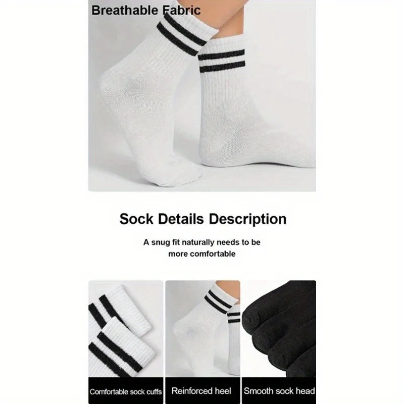 6 Pairs High Tube Mid Length Stockings Set For Men in Solid Black And White With Parallel Bars Popular and Sweat Absorption