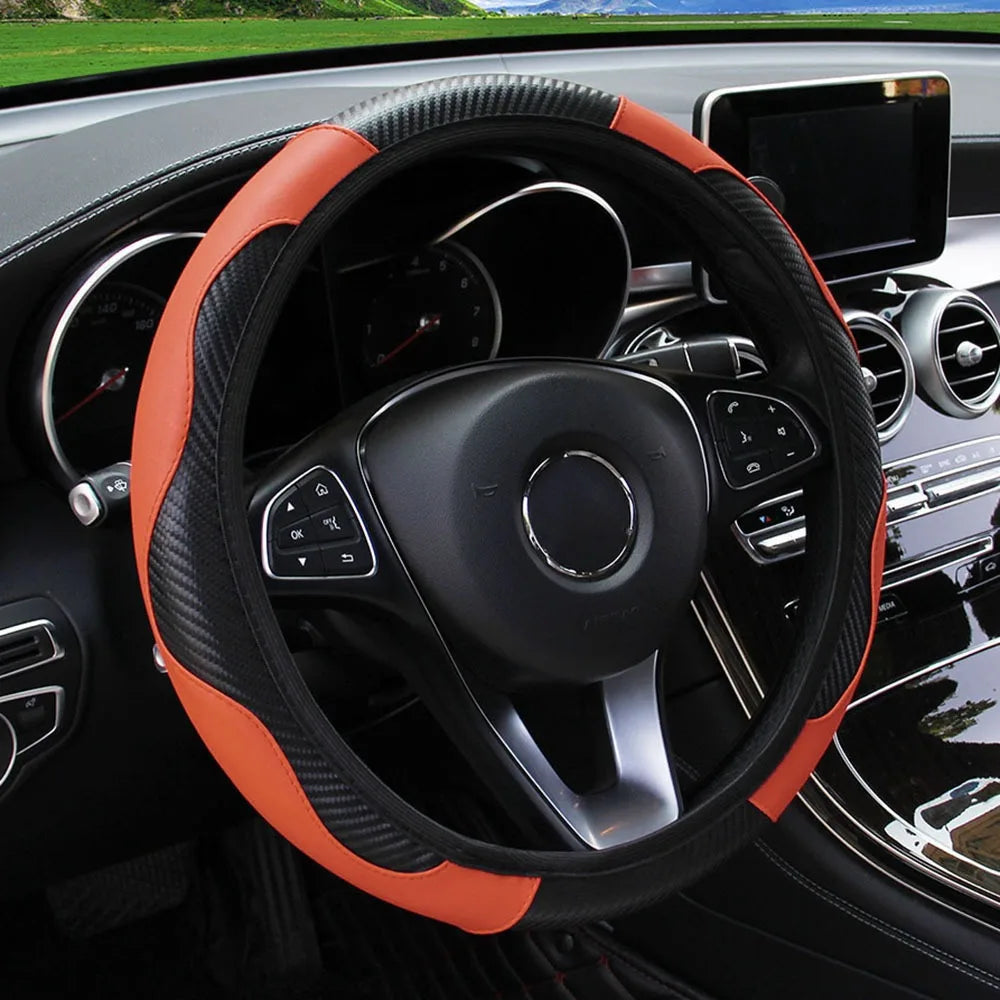 PU Carbon Fiber Leather Car Steering Wheel Cover Without Inner Ring Universal Suitable for 14.5-15 Inches of Automotive Supplies