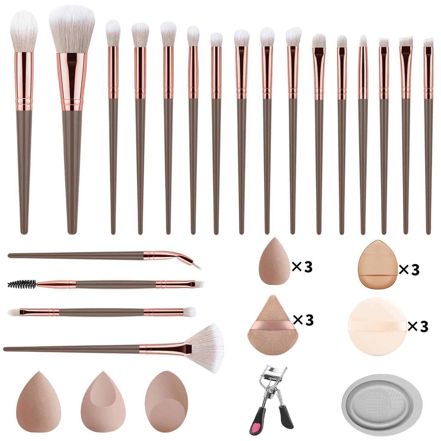 20 makeup brushes+3 round powder puffs+3 triangular powder puffs+3 beauty eggs+3 finger powder puffs+3 mini beauty eggs+1 washin