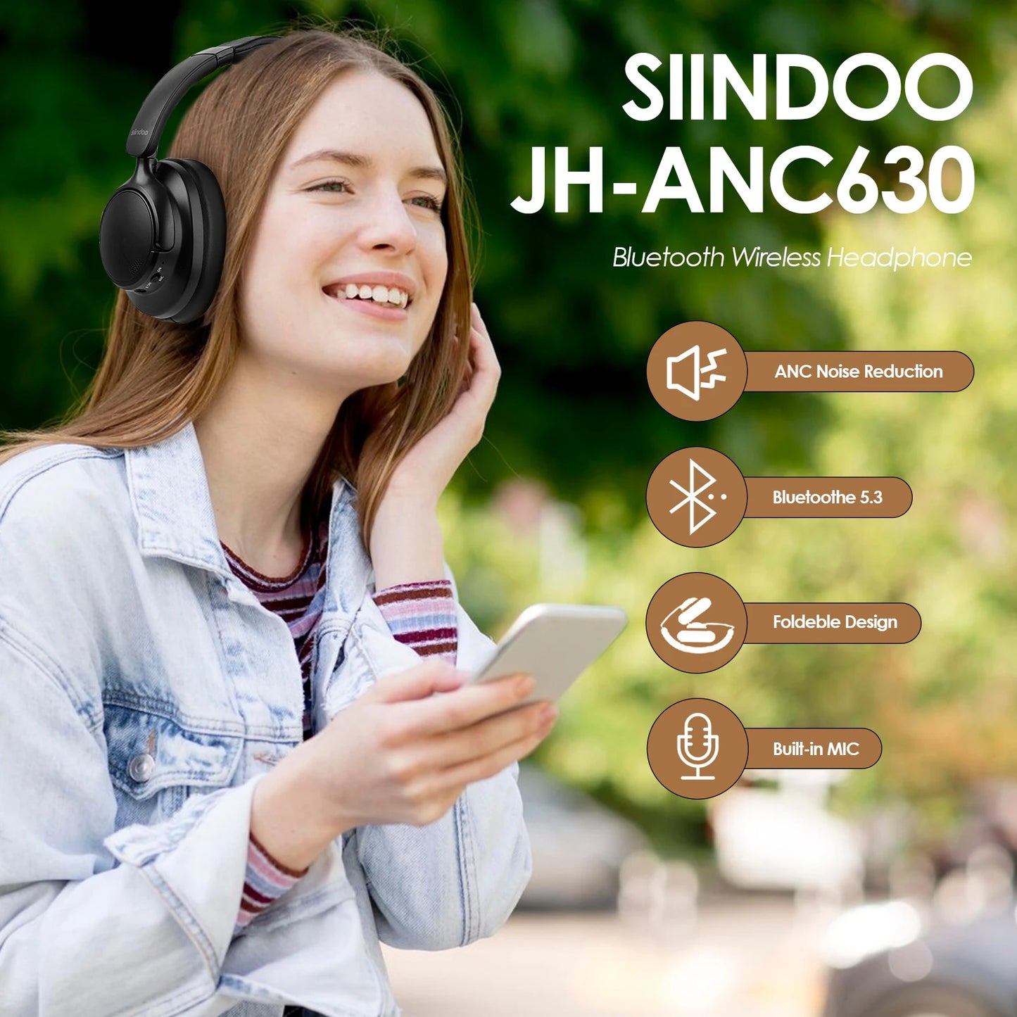 Siindoo Newest JH-ANC630 Active Noise Cancelling Wireless Headphones Over Ear Bluetooth earphones with Mic 70H Playtime Black