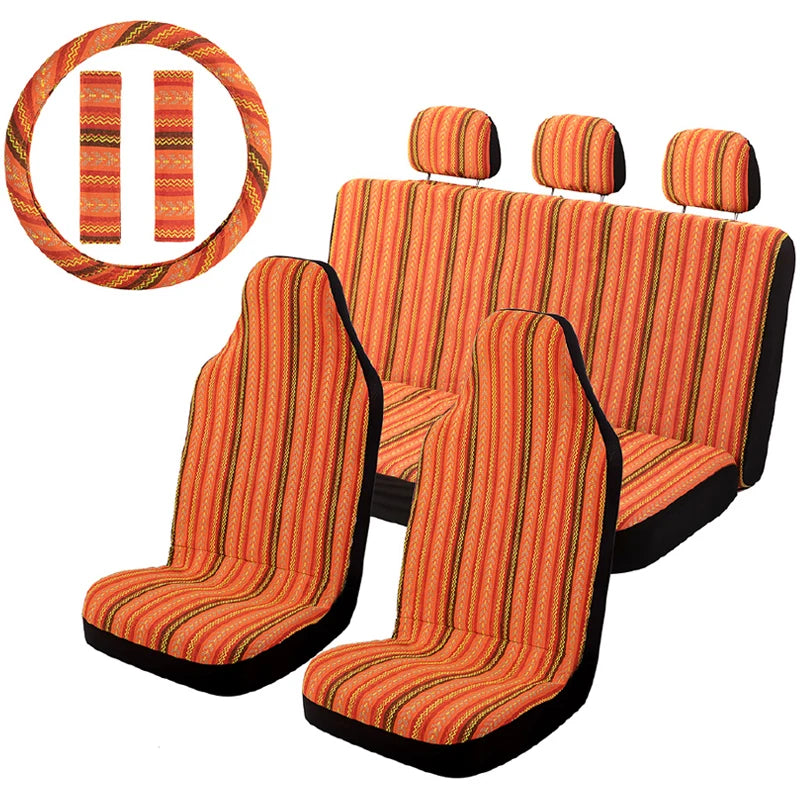 5mm Universal Size Flax Striped Car Seat Covers with Seat Belt Pads Steering Wheel Cover Full Set Fit For Most Car SUV Van Truck