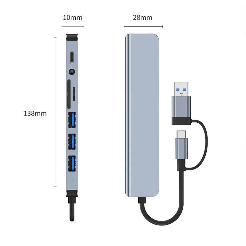 8 In 2 USB HUB With Splitter Card Reader, USB C Port, USB 3.0, SD/TF Splitter Card Reader, Docking Station