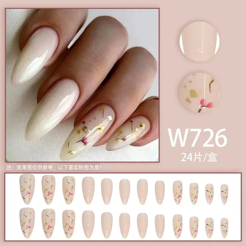 Black Ink Style Fake Nail with Jelly sticker Press on False Nails Wearable Round Head Oval Full Cover Nail Tips