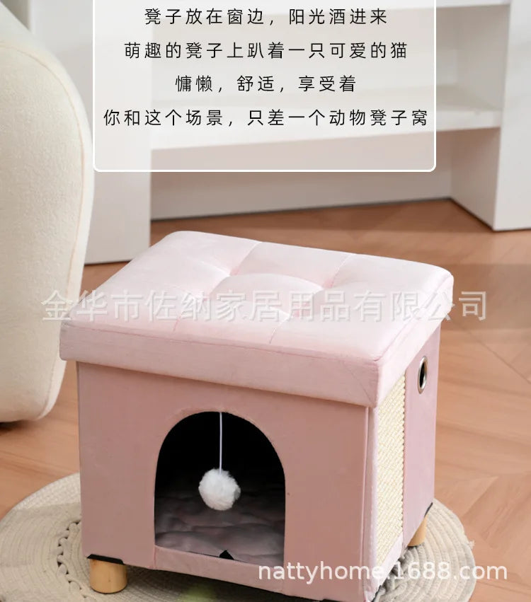Multi Functional Cat Bed with Wooden Legs Foldable Pet Stool for Sitting