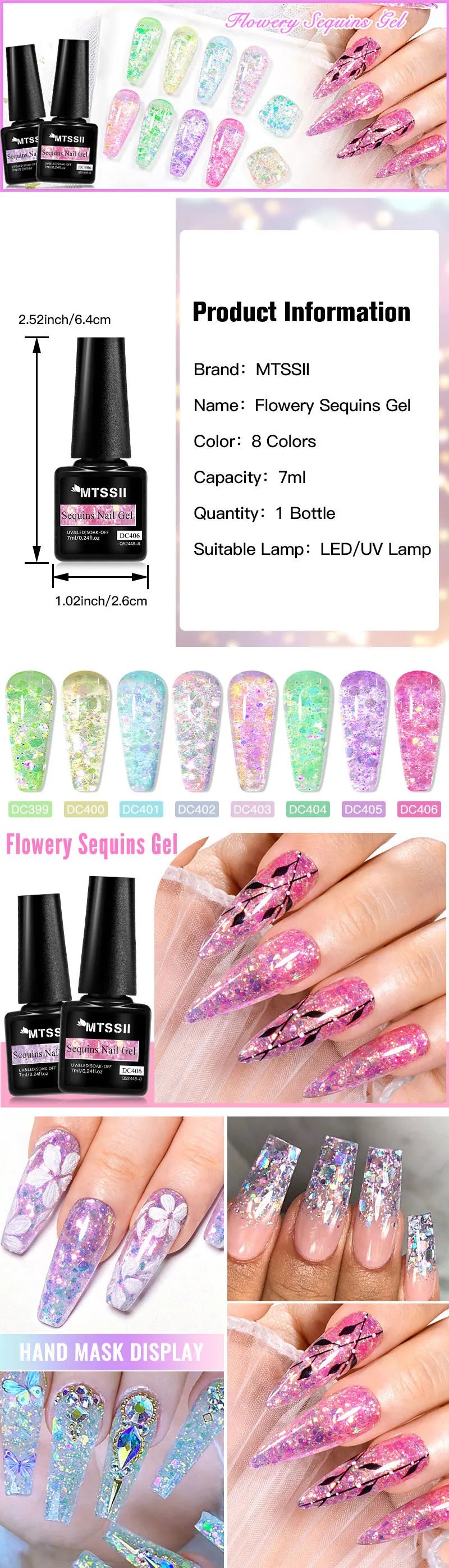 7ml Flowery Glitter Sequins Gel Nail Polish Shiny Sparkling Color Semi Permanant Soak Off Manicure Nail Art Varnish