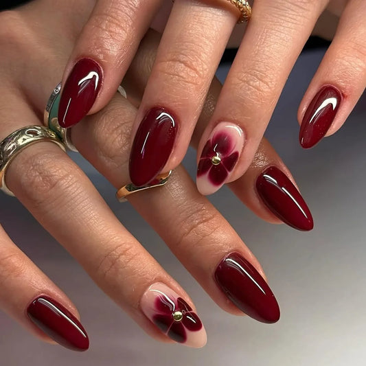 24pcs Women'S Nail Set Burgundy Almond Shape Medium Length Solid Color with Floral Golden Dust Design Fake Nails for Women/Girls