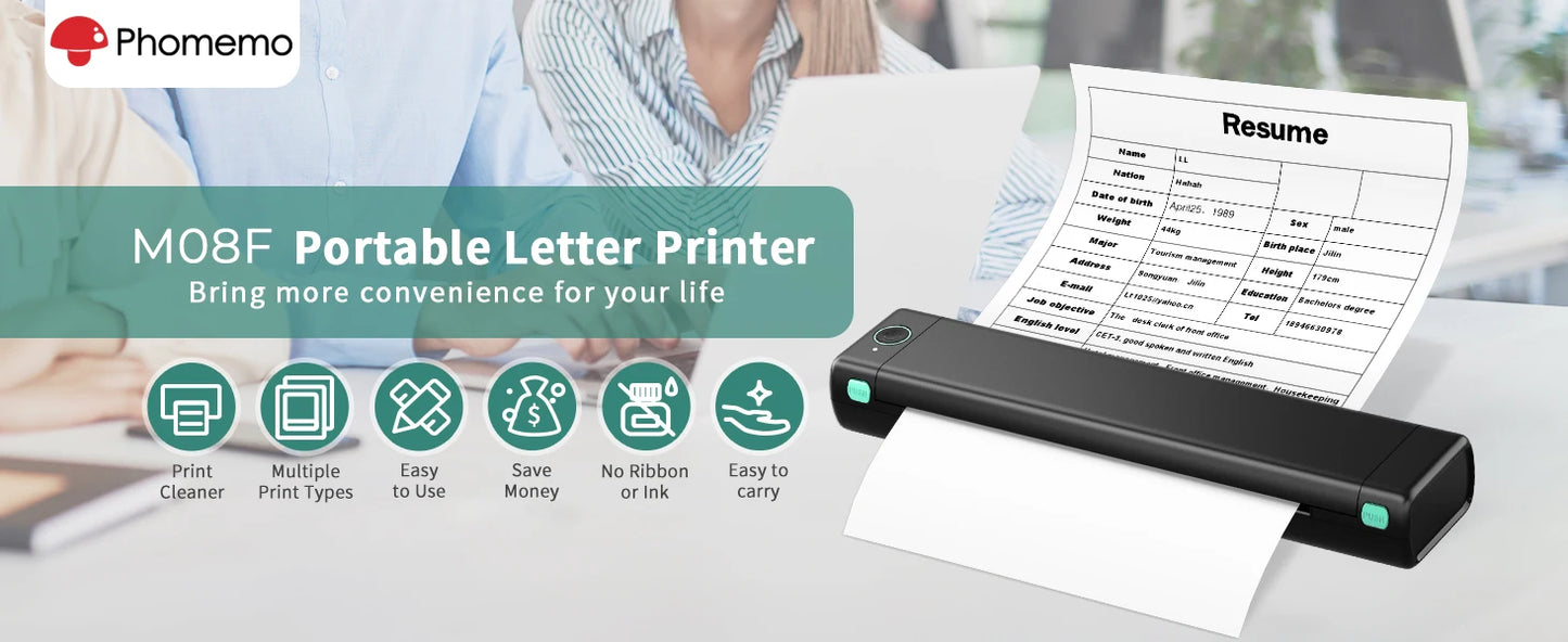 Phomemo M08F A4 Paper Printer Portable Thermal Printer Bluetooth Mobile Printer Compatible with Android & iOS Phone & Laptop