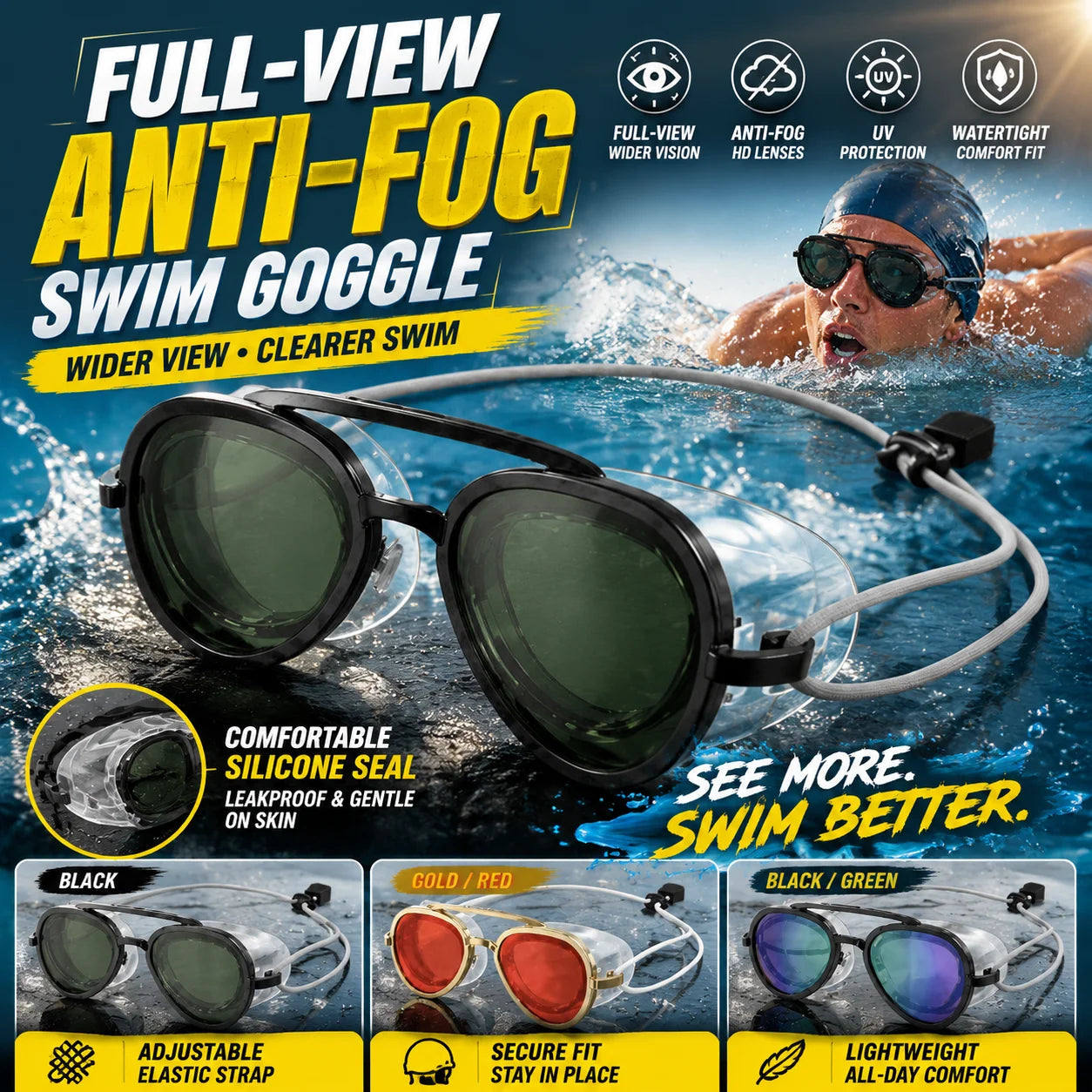 Widescreen Anti-Fog Swimming Goggles UV Blocking Waterproof Comfort Fit Swim Glasses Skin-Friendly Silicone Gasket Secure Strap