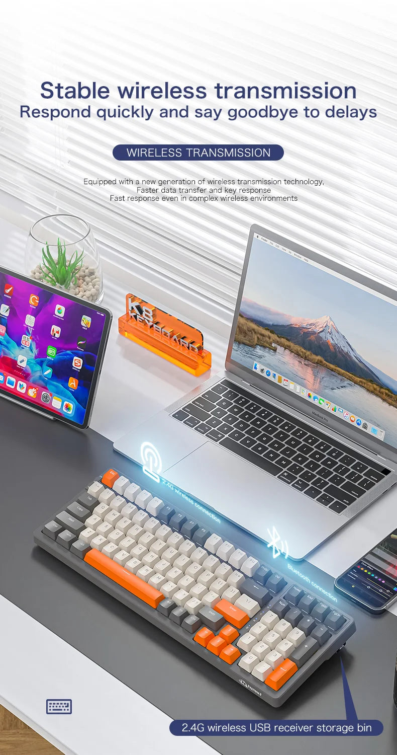 K8 100 Key Wireless Mechanical Keyboard Tri-mode Connection,Full Key Hot Swap,lighting Effects,Gasket Muffler Structure, Laptops