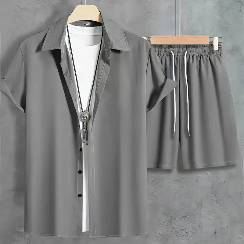 Fashion Summer Men's Short Sleeve Shorts Set Men's Solid Colour Button Down Shirt Drawstring Short Two Piece Hawaii Beach Suit