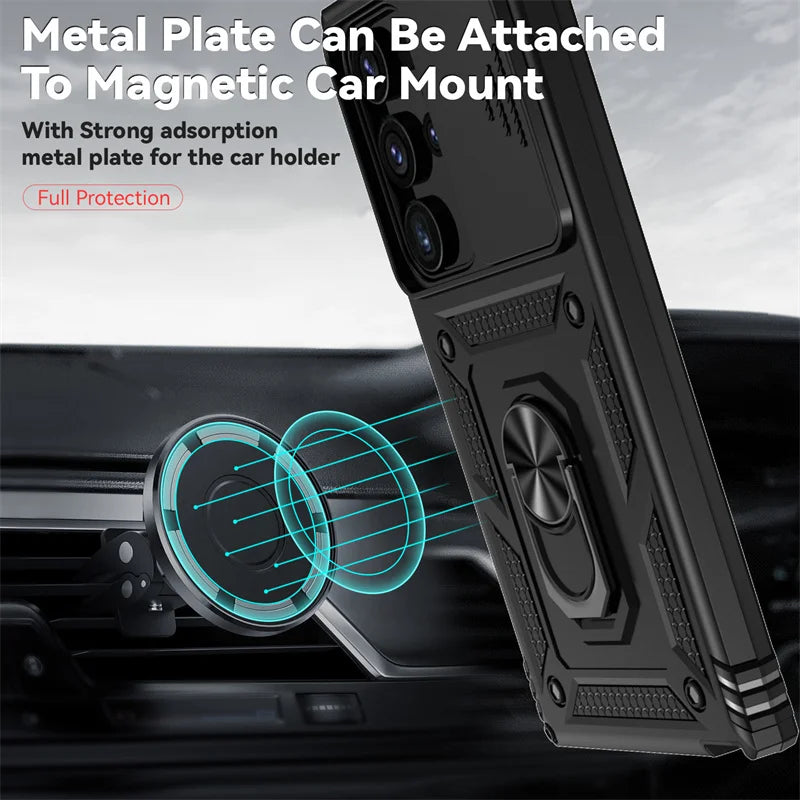 Armor Magnetic Bracket Case for Samsung S25 S24 S23 S22 S21 S20 Note 20 Ultra S10 Plus Slide Camera Protection Shockproof Cover