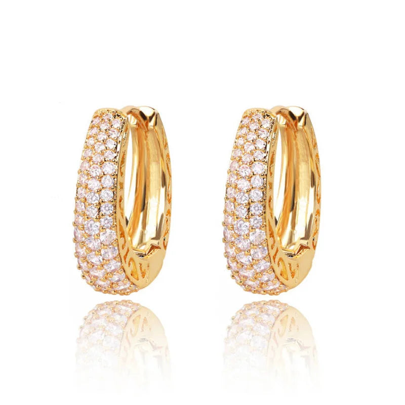 Huitan Luxury Paved CZ Hoop Earrings for Women Gold Color Hollow Out Design Temperament Female Ear Accessories Fashion Jewelry