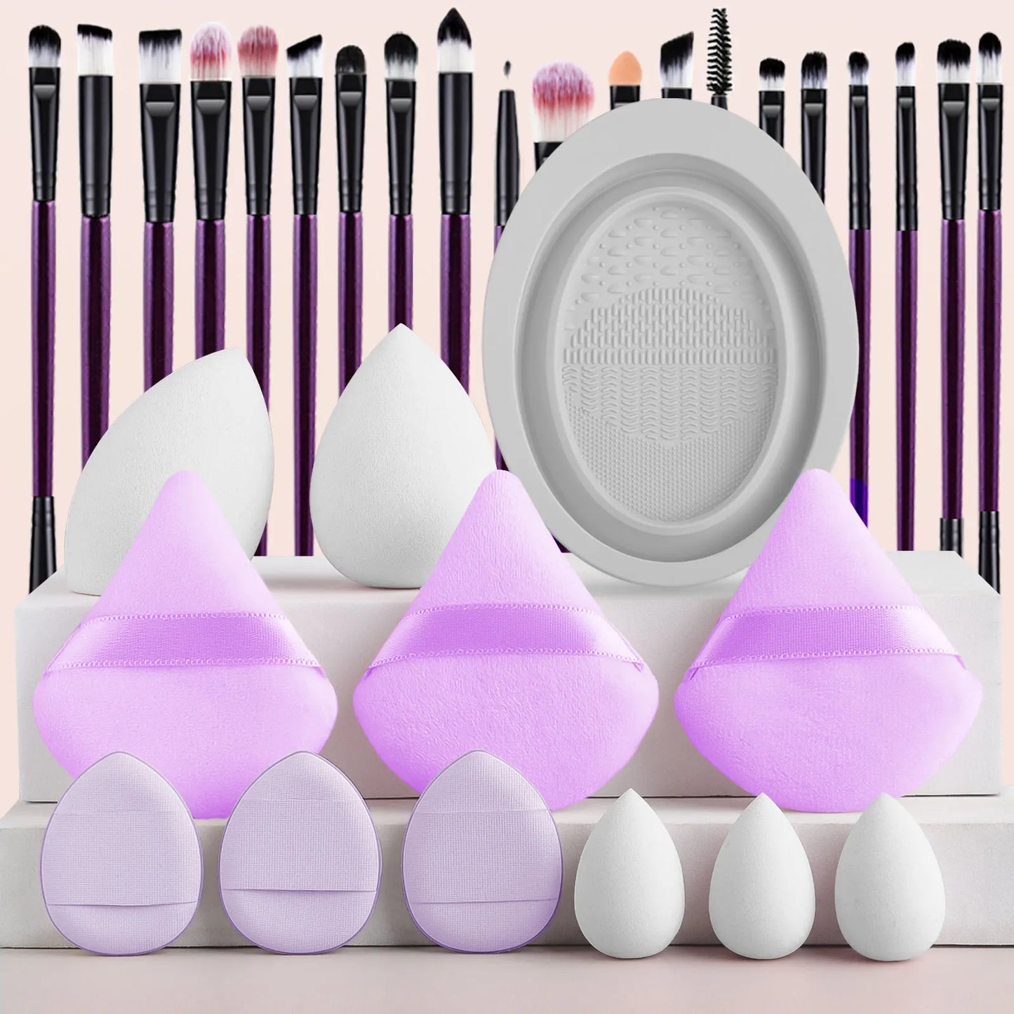 32pcs Makeup Beauty Tool Set &1pc Oval Washing Bowl & 5pcs  Beauty Egg & 3pcs Scalloped Powder Puff 3pcs Thumb Air Cushion