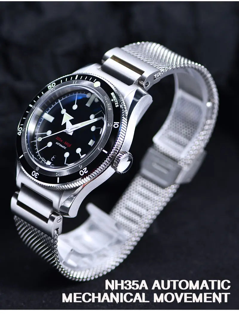 SEA KNIGHT Men Diving Watch 200M Waterproof C3 Luminous 316L Steel Mesh Belt Sapphire Crystal NH35A Automatic Mechanical Watch