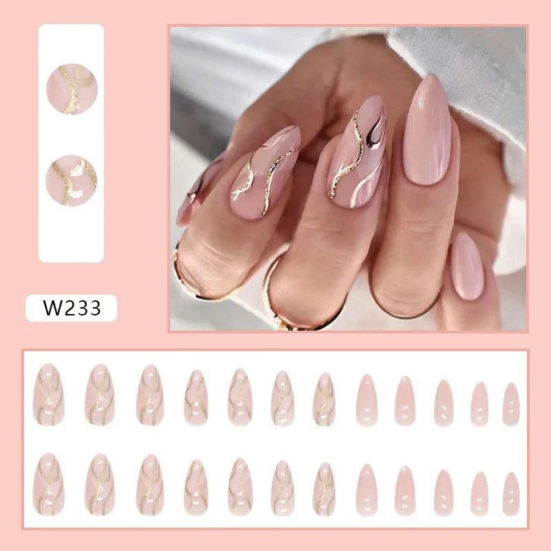 Gold Pink Wine Red 24 Pcs Fake Nail with Jelly sticker Press on False Nails Wearable Round Head Oval Full Cover Nail Tips