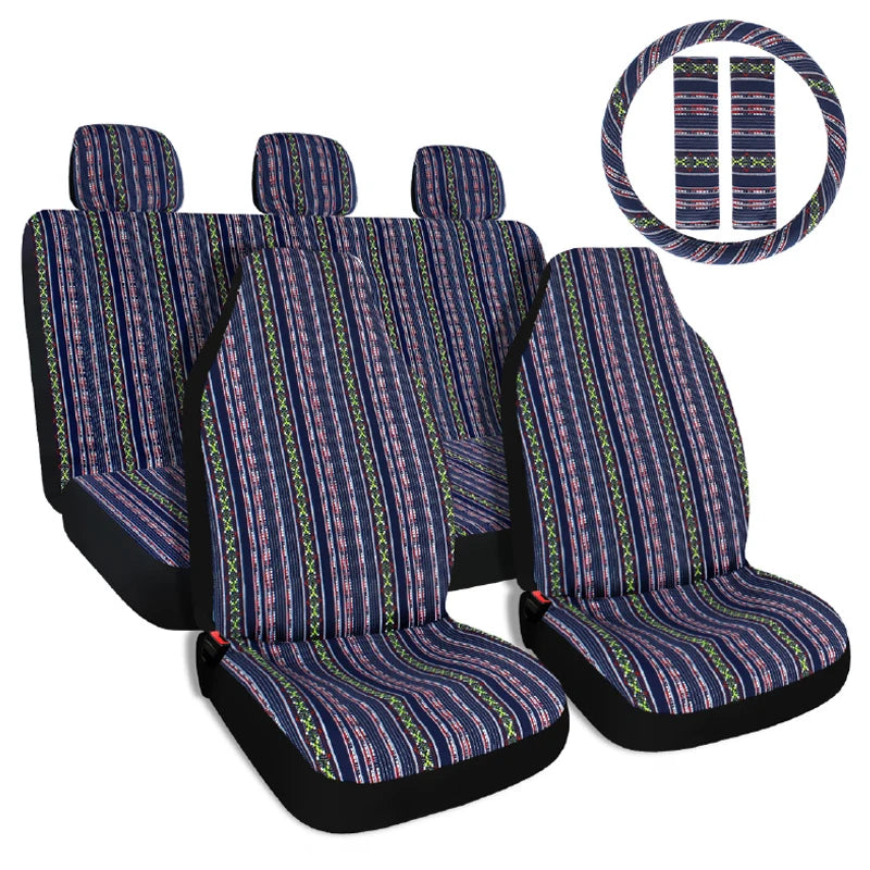 5mm Universal Size Flax Striped Car Seat Covers with Seat Belt Pads Steering Wheel Cover Full Set Fit For Most Car SUV Van Truck