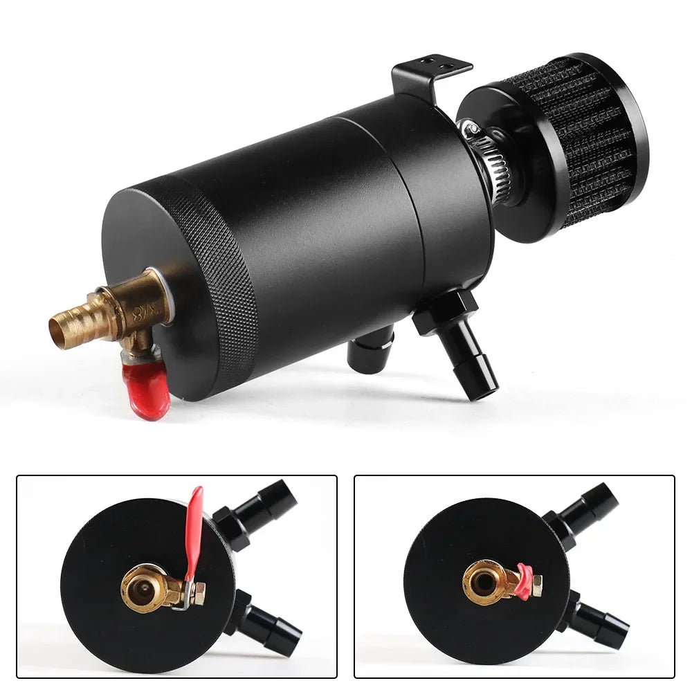 Universal Racing Baffled Aluminum Oil Catch Can Tank 2-Port  Reservoir with Drain Valve Breather Cylinder Filter Kit Black