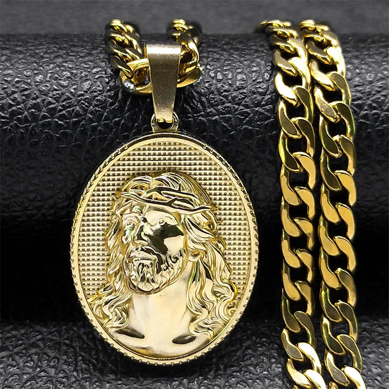 Stainless Steel Cross Jesus Pendant Necklace for Men Gold Color Hip Hop Cuban Chain Religious Crucifix Necklaces Jewelry NZZ470S