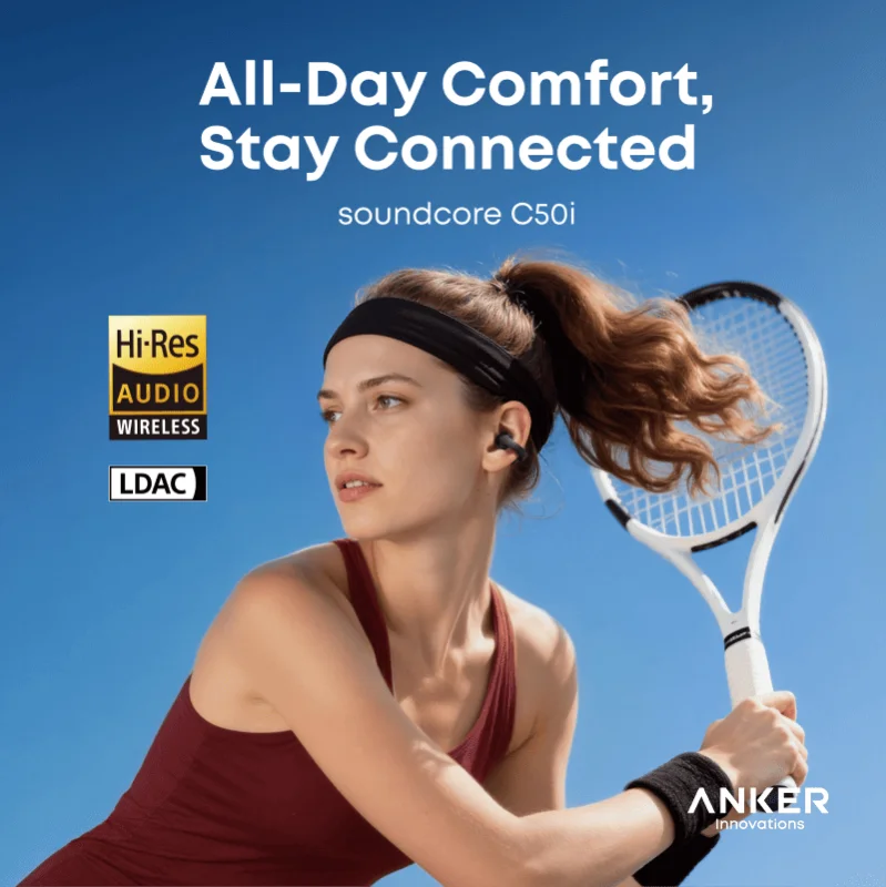 In Stock SoundCore C50i Comfortable Clip on Earbuds with Powerful Bass IP55 Bluetooth 6.0 Earphones AI-Enhanced Call Clarity