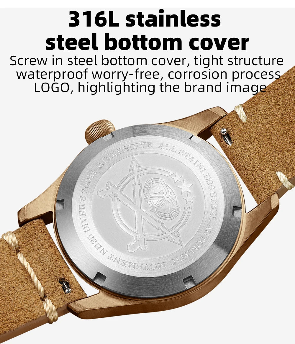 ADDIESDIVE 39mm Vintage CuSn8 Bronze Diver 200m Men's Watch Bubble mirror sapphire glass Automatic Mechanical Leather Strap
