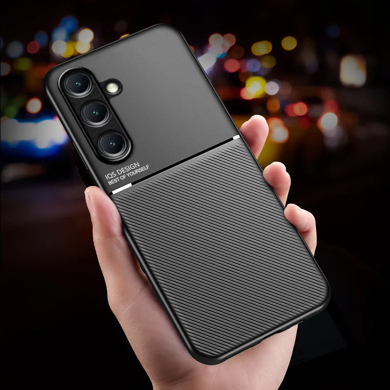 Car Magnetic Holder Leather Plate Phone Case for Samsung Galaxy S25 S22 S23 S24 Ultra Plus Edge S21 S20 FE 5G Soft Back Cover