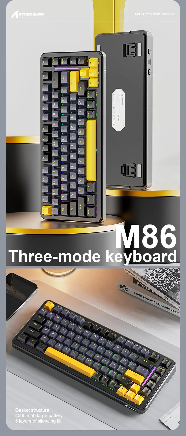 Attack Shark M86rgb Three-Mode Wireless Bluetooth Hot Plug Engraving Mechanical Keyboard Blueberry Axis Surprise Gift