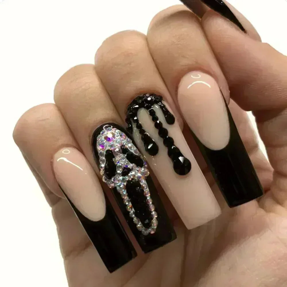 24Pcs Full Cover False Nails with Glue Long Square Coffin Fake Nails French Detachable Ballet Love Pattern Design Press on Nails