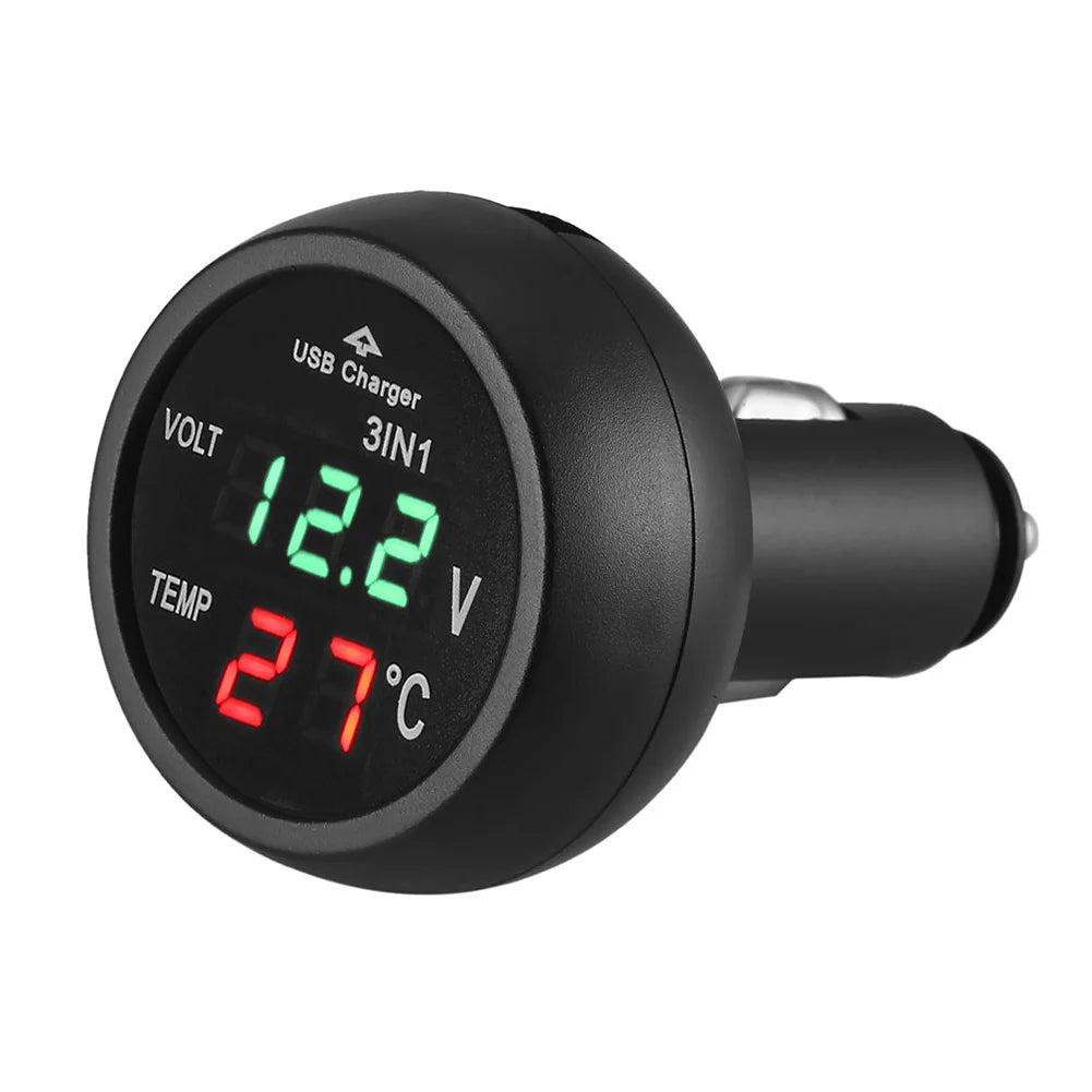 3 in 1 12/24V Car Auto LED Digital Voltmeter Gauge Thermometer USB Charger Monitor Display Charging for Phone Tablet GPS