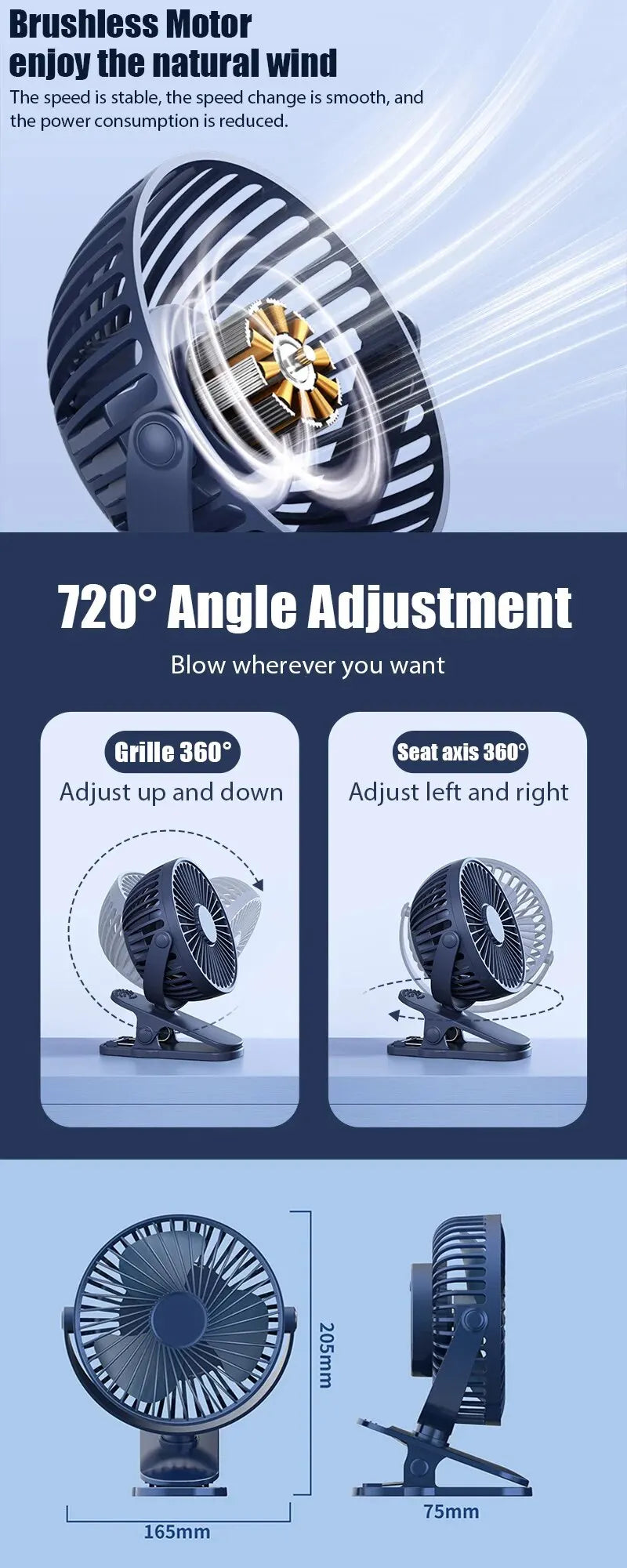 Portable USB Table Fan Clip-on Type 5000/10000mAh Rechargeable Mini Desk Fan 720 Degree Rotation 5 Speeds Adjustable Clip-on Fan