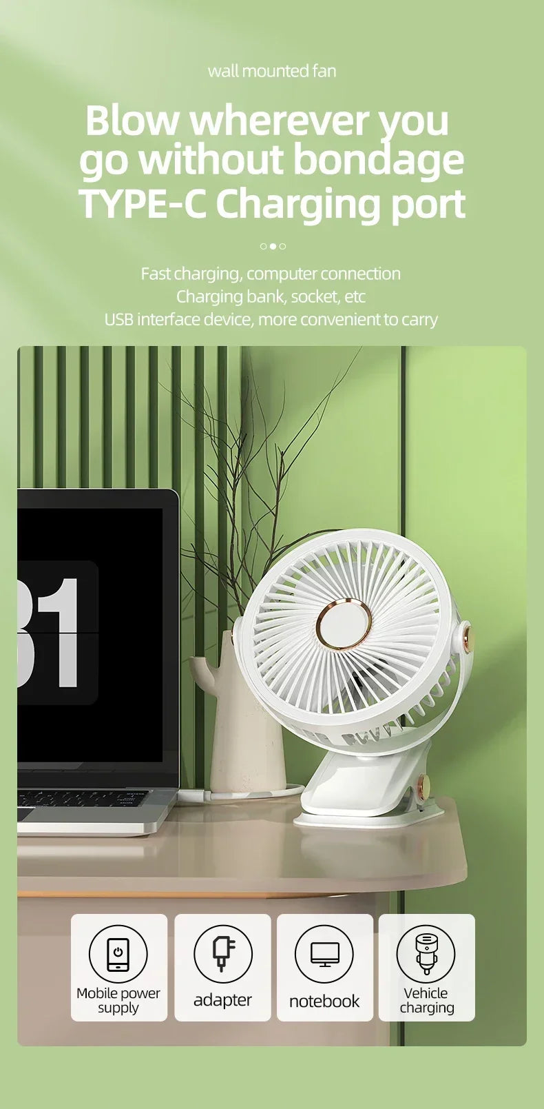 USB Rechargeable Table Fan Clip-on Type Portable Mini Desk Fan 360 Degree Rotation Adjustable Clip-on Fan For Student Dormitory
