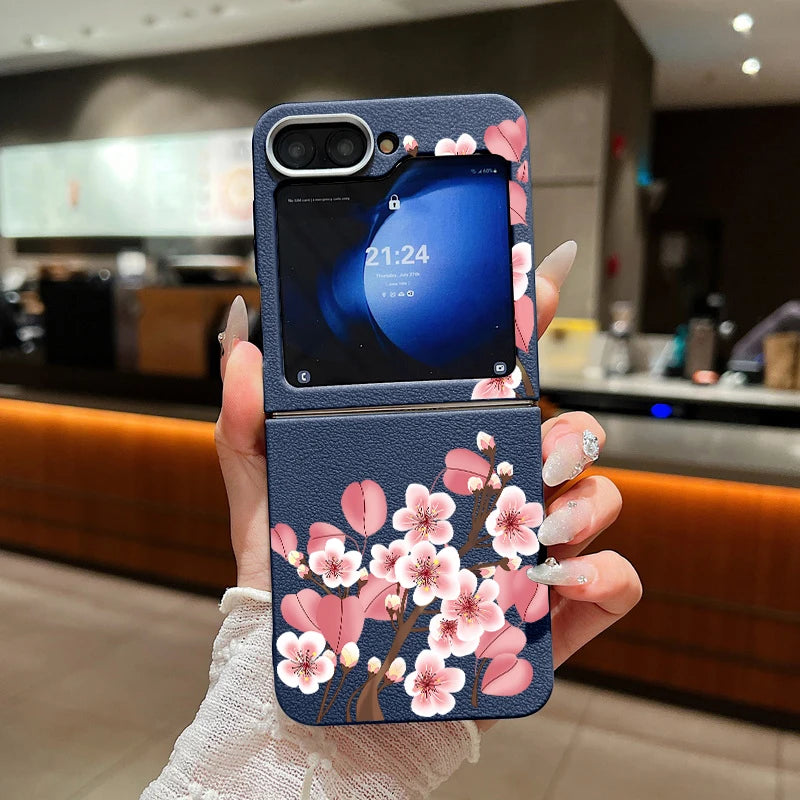 For Samsung Galaxy Z Flip 7 FE 6 5 3 4 Leather Texture Phone Case Floral Flower Soft TPU Folding Cover For Samsung Z Flip5 Flip6